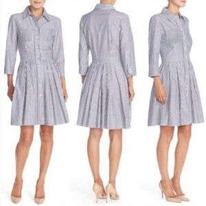 Eliza J 100% cotton pinstripe blue and white fit and flare shirtdress, size 8